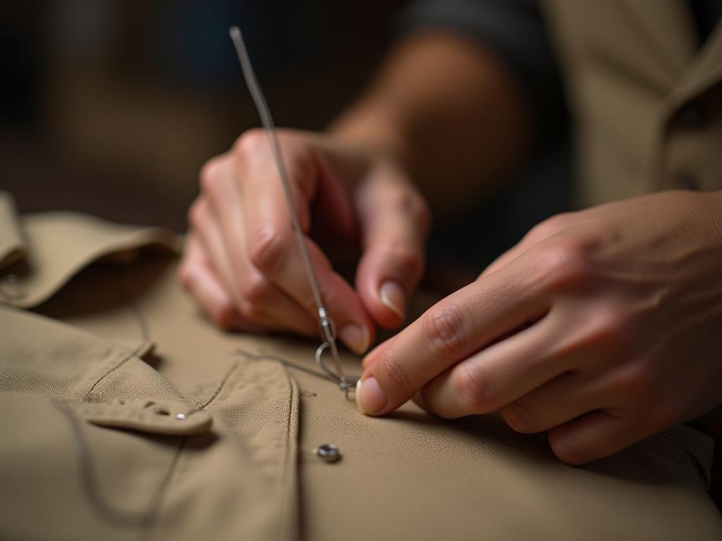Close-up of a tailor's hands working on intricate garment details, showcasing precision and dedication.