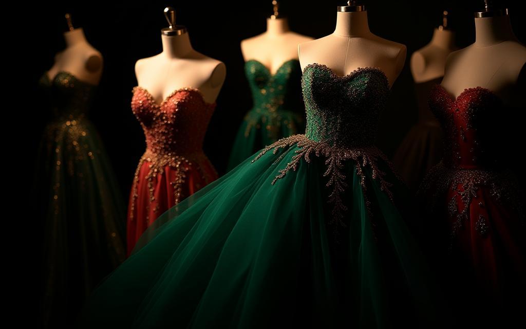 Elegant couture evening gowns on display, featuring intricate embellishments and luxurious fabrics.