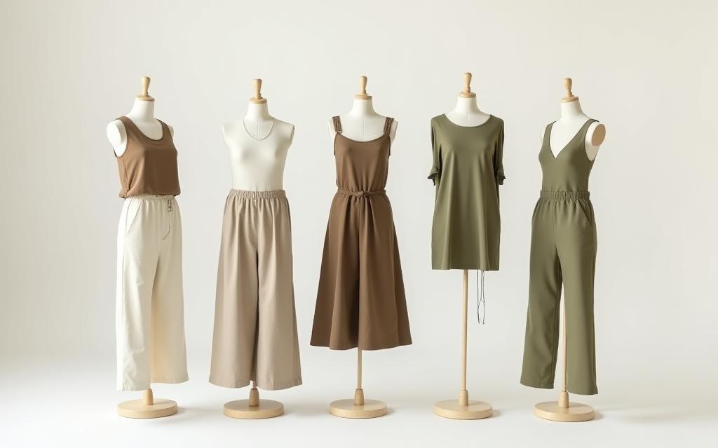 Eco-friendly casual wear collection displayed on minimalist mannequins, emphasizing natural textures.